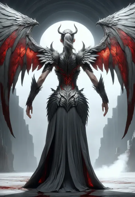 awesome quality, dynamic,DonMDr4g0nXL woman from behind,wings attached to back,skirt, (draconid:0.25) light gray lithic blood  <lora:myLoraDonMDr4g0nXL-v1.1rb:1>