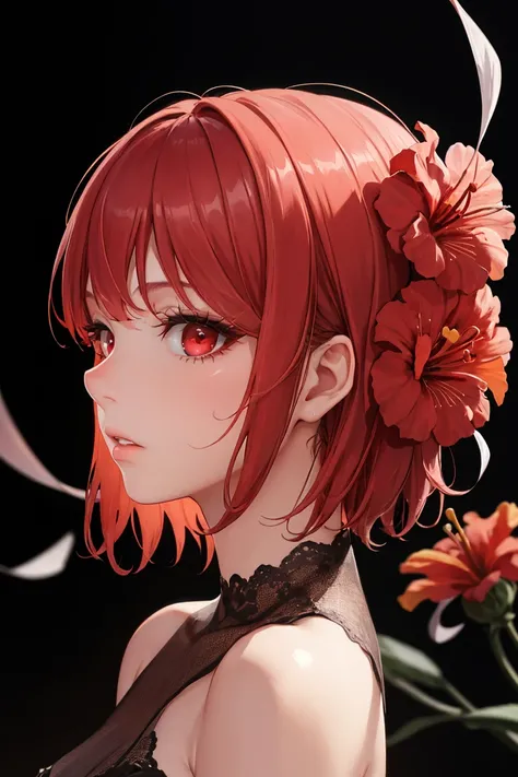 masterpiece, best quality, absurdres, 1girl, bangs, black background, camellia, close-up, face, eyelashes, flower, heart of string, hibiscus, parted lips, profile, red eyes, red flower, red hair, short hair, solo, spider lily