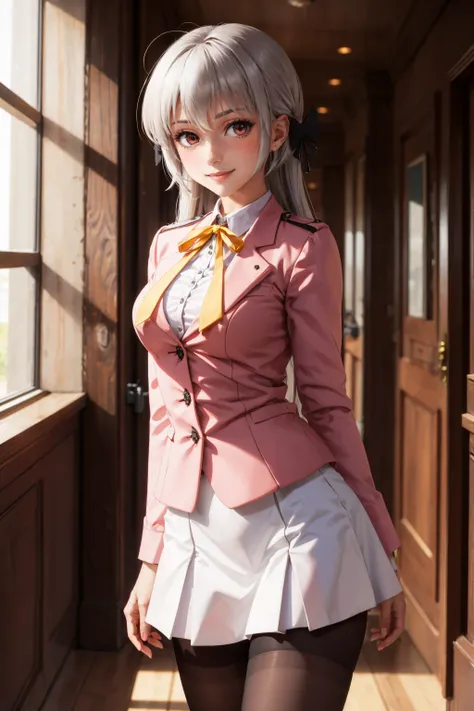 masterpiece, best quality, <lora:kamishiroalice-nvwls-v1-000009:0.8> kamishiro alice, hair ornament, yellow ribbon, pink jacket, white sleeves, white skirt, black pantyhose, cowboy shot, hallway, smile, blush