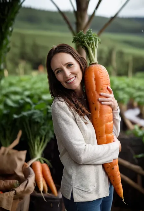 cinematic film still Jacinda Ardern hugging a giant carrot bigger than her <lora:JacindaArdernXL-128:1> . shallow depth of field, vignette, highly detailed, high budget, bokeh, cinemascope, moody, epic, gorgeous, film grain, grainy