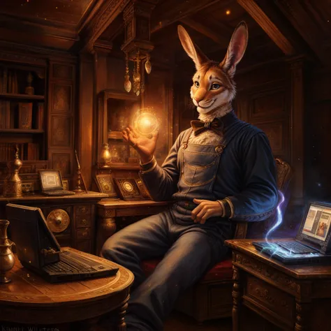 victorian theme, lagomorph, archmage rabbit, long ears, fancy clothing, overalls, smile, in a lavish victorian stage, vintage decoration, warm lighting, (magic:1.4), glow, light particles, (computer:1.2), by kenket, Tim Walker, John William Waterhouse