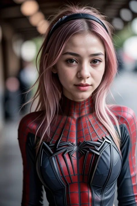 RAW photo,  tv_Jane_Pink_MXAI_V1,  pensive expression,standing, ((wearing spiderman costume)), at a luxurious resort, facing the camera, full body shot,  flirting with the camera, instagram pose, photo, f1.4, 40mm,  raw, 8k, textured skin, skin pores, intr...