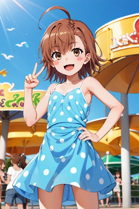 masterpiece, best quality, highres, aalo, short hair, ahoge, blush stickers, collarbone, polka dot dress, blue dress, sleeveless, <lora:last_order_v1:0.7>, peace sign, amusement park, standing, cowboy shot, smile, open mouth,