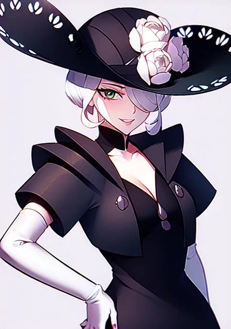 <lora:cogita:0.6>,  cogita, 1girl, solo, breasts, looking at viewer, smile, short hair, simple background, gloves, hat, white background, dress, cleavage, green eyes, flower, white hair, short sleeves, parted lips, elbow gloves, white gloves, hair over one...