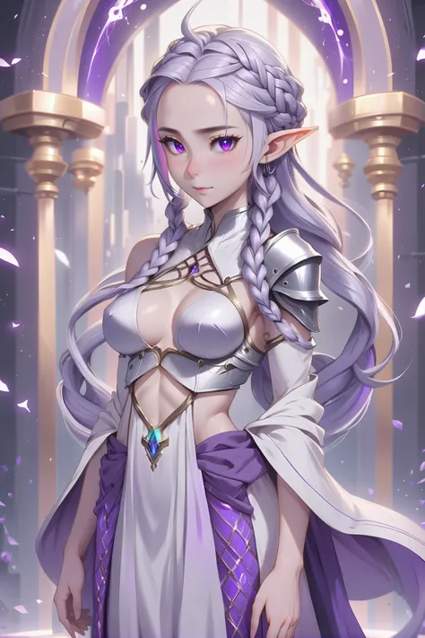 1girl, woman, elf warmage, pauldrons, bombshell hair, infra color:silver and purple hair, twin braids, thicc hourglass figure, medium breasts, caucasian, great fantasy arcology beyond the end of reality<lora:EnvyGoddessXL03:1.3><lora:EnvyBetterHiresFixXL01...