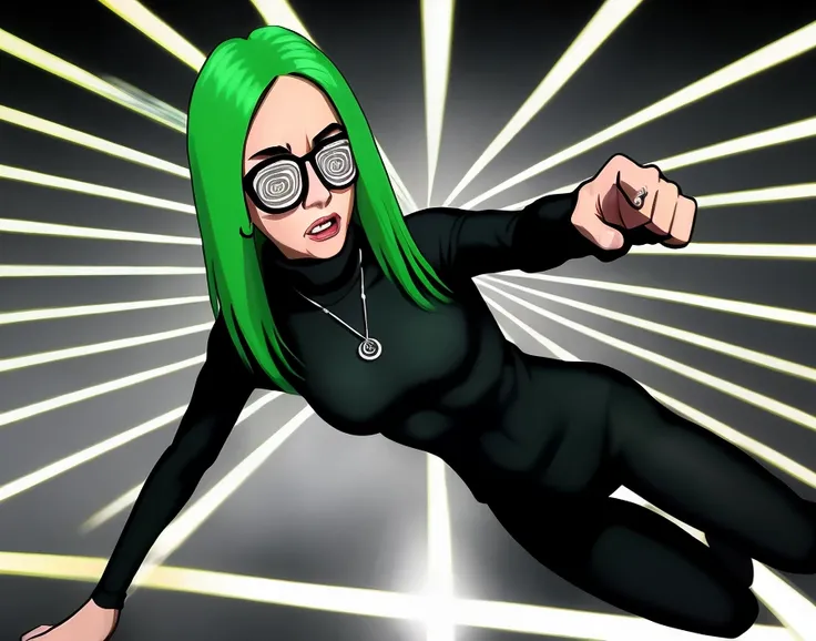 swirly glasses, foreshortening fullbody real life photograph of midoriko dodging wayward laser beams, action pose green hair, gritty hyperrealism badass, emo, wearing a turtleneck, secret agent about to bust some trouble, quick on feet female character, in...