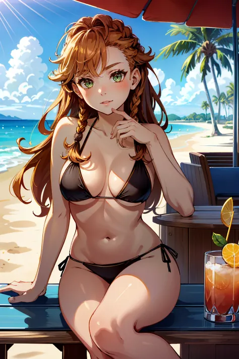 ((ultra detailed, masterpiece, absurdres))
 <lora:HFWAloy:0.9>
HFWAloy, 1girl, orange hair, green eyes, long hair, braid, at a beachside resort, bikini, holding a colorful cocktail