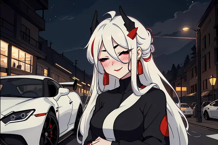 dark shot, masterpiece, best quality, very detailed illustrations, stands in the middle of the frame, <lora:Tsuru:0.5>, 1girl, solo, closed eyes, long white hair, hair between eyes, streaked hair, horns, smile, blush,  tracksuit, ((sports car background)),...