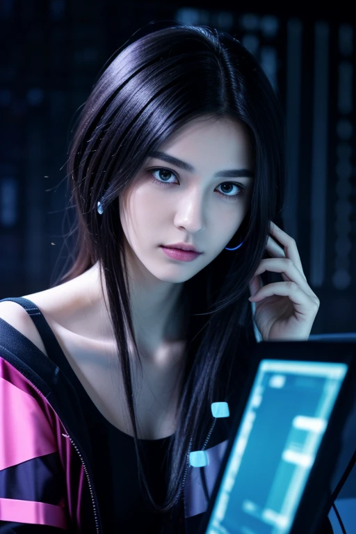 1girl,(female hacker:1.2),donning a stylish and tech-inspired outfit,futuristic accessories,focused and enigmatic expression,(sitting in a dimly lit high-tech environment with multiple computer screens and holographic displays:1.3),lines of code and digita...