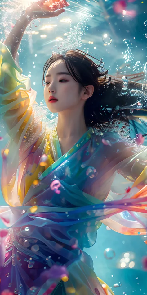 1girl,solo,bubble,water,multicolored clothes,see-through,(dancing:1.4),hanfu,black hair,upper body,brown hair,sunlight,realistic,<lora:æ±æ_æ°´å­év1.0:0.8>,