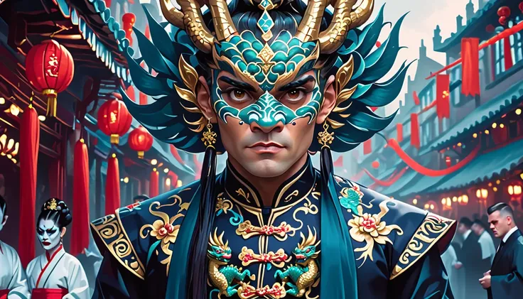 lush dungeon, Arcane Dominican (Guy:1.3) , 🤕, face is a combination of Robbie Williams and Vince Vaughn, Robbie Williams is wearing a Magewave fashion style Traditional Chinese Garb and a Dragon Mask, Unconventional hair styled as thick and lush, inside a ...