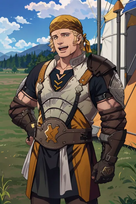 masterpiece, 1boy, cowboy shot, smile, open mouth, <lora:RaphaelFE3H-bsinky-v1:0.85> hopesRaphael, bandana, sideburns, armor, muscular, outdoors, camp, tent