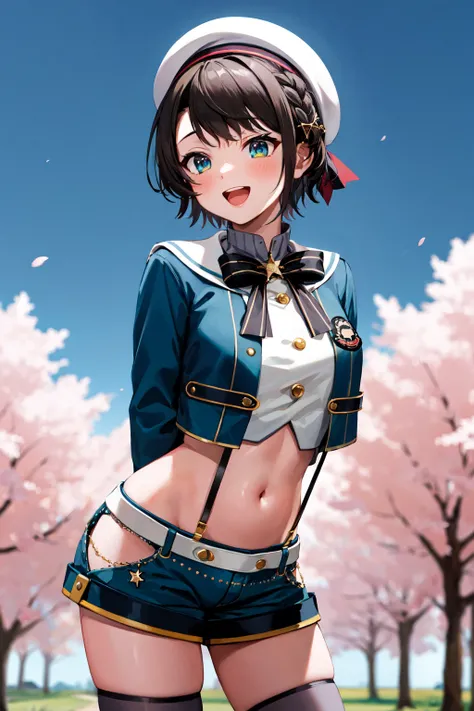 masterpiece, best quality, highres, bbsubaru, short hair, french braid, hairclip, grey headwear, sailor collar, black bowtie, cropped jacket, blue jacket, long sleeves, suspenders, midriff, blue shorts, grey thighhighs, <lora:oozora_subaru_v1:0.8>, arms be...