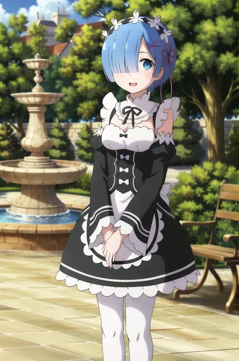 (masterpiece, high quality, detailed background:1.3), 1girl, solo,
<lora:ReZeroRem-v1-06:0.7>, ChopioRem, blue hair, medium hair, blunt bangs, x hair ornament, pink hair ribbon, hair over one eye, blue eyes, (looking at viewer:1.3),
mature female, medium b...