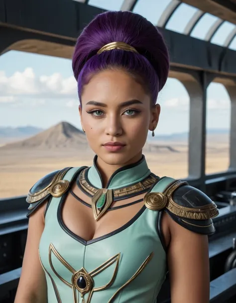 (medium shot, zoomed in upper body portrait:1.3) (Utopian Space Roman Empire scifi style:1.5) photo of a young (Maori:1.5) woman suggestively leaning facing diagonal to camera, in a (futuristic Roman:1.1) (bank:1.3), (stream in the distance:0.7), (inside:1...