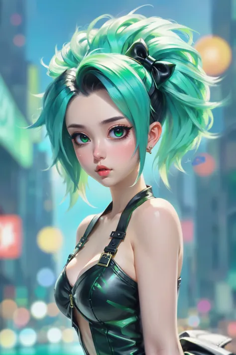 bokeh, anime style digital painting, 1girl, woman, punk bad girl, cute, [:colorful costume design,:0.2], bombshell punk hair, bright sea green hair, Pompadour Quiff, leather skirt, bombshell hair, black hair, hair ribbon, thicc hourglass figure, medium bre...