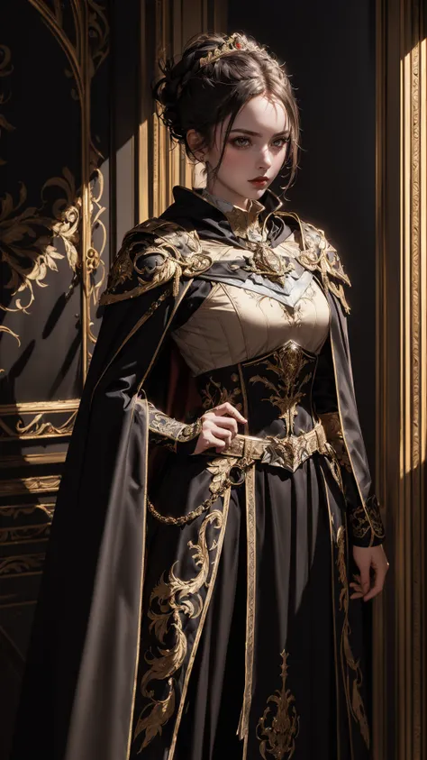 1girl,solo,full body,serious look pressed lips,(black updo:1.2),(black steel armor:1.1) and robes (cape:1.2) royalty ornate (embroidery:0.5) with sword,skinny (Gorget Plackart pauldron :1.3),(masterpiece:1.2) (illustration:1.1) (best quality:1.2) (detailed...