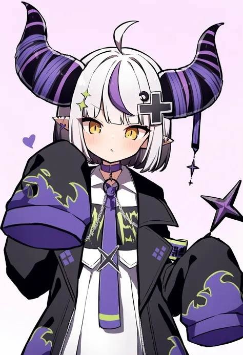 la+3rd, 1girl, horns, food, pointy ears, sleeves past fingers, sleeves past wrists, demon horns, hair ornament, necktie, x hair ornament, long sleeves, collar,<lora:laplusv3:1>,