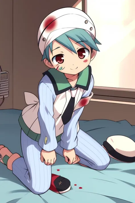 <lora:Mochizuki_Yuuma:0.8>, ãMochizukiYuuma, hat, solo, slippers, necktie, blood, full body, male focus, smile, 1boy, bandages, aqua hair, bed, hospital, room,
masterpiece, high quality, very_high_resolution, large_filesize, full color,