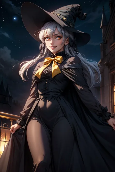 masterpiece, best quality, <lora:kamishiroalice-nvwls-v1-000009:0.8> kamishiro alice, witch hat, hair ornament, black dress, black skirt, long dress, black cape, yellow bow, grin, glowing eyes, from below, portrait, victorian architecture, night