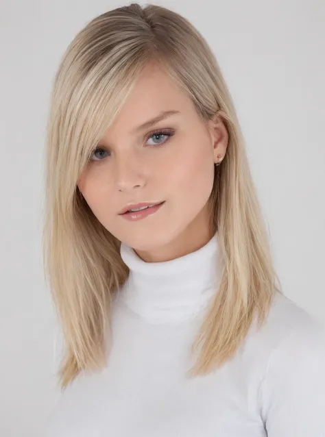 Portrait photo of m4ryqu33n woman, white turtleneck blouse, white background