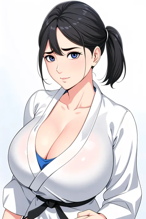 Simple White Background,
,long sleeves, white karate outfit with black belt,white pants,
collarbone, cleavage, japanese clothes, 
<lora:Toyama_Rie_Juudoubu-KK77-V1:0.7>,hair ornament, 
blue eyes, black hair,bangs,short hair, low ponytail, 
<lora:Oda_Non_St...