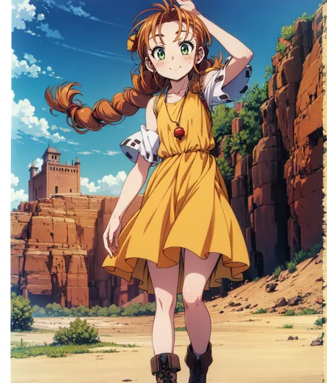 masterpiece, anime screencap, 1girl, solo, orange hair, twin braids, green eyes, yellow dress, skirt, white sleeves, red pendant, black shorts, boots, full body, standing, smiling, hand on head, outdoors, desert, cowboy shot  <lora:wendy Garret:0.8>