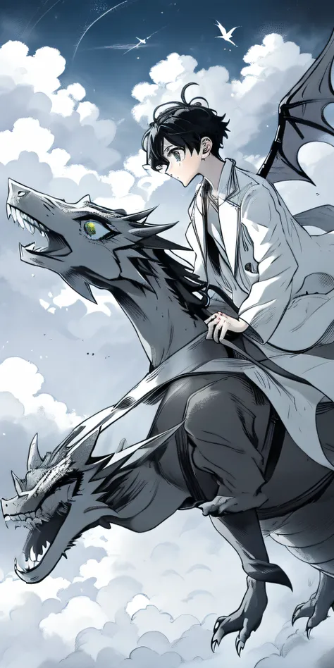 masterpiece, best quality, highres, award winning, Yuito, 1boy, solo, lab coat, flies across the sky riding a giant dragon, clouds, from side,