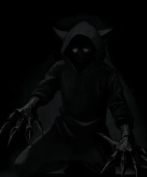 monochrome, greyscale, dark, solo, hood, no humans, black background, claws, hood up, <lora:morbid_darkness_v2-08:1>