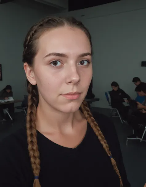 amateur cellphone photography woman with Dark brown French braid hair at flight school, (freckles:0.5) . f8.0, samsung galaxy, noise, jpeg artefacts, poor lighting, low light, underexposed, high contrast <lora:epiCPhotoXL:1>