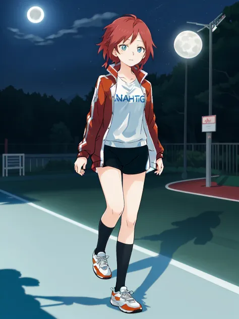 masterpiece, best quality,
 <lora:add_detail:-0.7>
<lora:kindred_spirits.v3-000007:0.9>
kd_vnstyle
(small eyes),
(1girl), solo,
walking, park, night, full moon,  shadows,
red hair, blue eyes,
break
sportswear,  red open jacket, 
orange footwear,