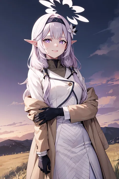 masterpiece, best quality, cowboy shot, looking at viewer, smile, himari akeboshi, small breasts, halo, long hair, hair tubes, hairband, hair ornament, hair flower, jacket, long dress, long sleeves, black gloves, holding own arm, outdoors, purple sky, gras...