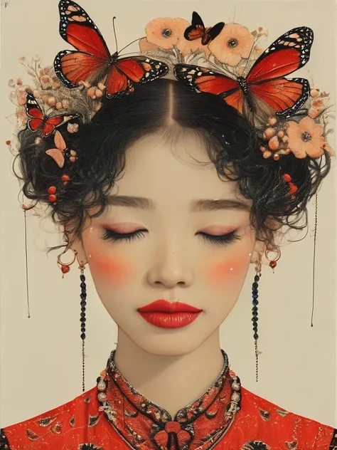 ((masterpiece)), ((best quality)), 8k, high detailed, ultra-detailed,fenliexl, surrealism, mixed media, 1girl, solo, closed eyes, butterfly, jewelry, earrings, parted lips, black hair, portrait, lips, teeth, red lips, makeup, <lora:XSfenlie:1>