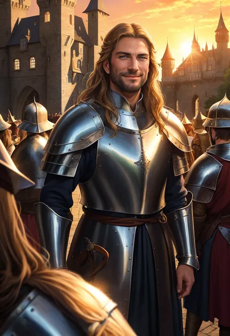 ((best quality)), ((masterpiece)), ((ultra realistic)), beautiful intricately detailed soft oil painting, 1man, (body portrait:1.2), a pristine handsome arrogant paladin, (intricately detailed filigreed polished steel plate armor:1.4), stubble, long blonde...