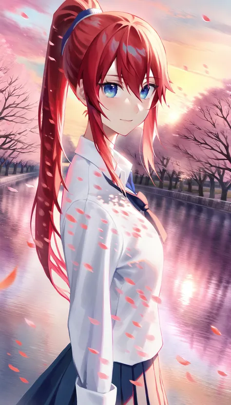 1girl, looking at viewer, red hair, blue eyes, sunset, cherry blossoms, falling leaves, falling petals, light particles, river, ponytail, school uniform, white shirt, collared shirt, cowboy shot, best quality, masterpiece