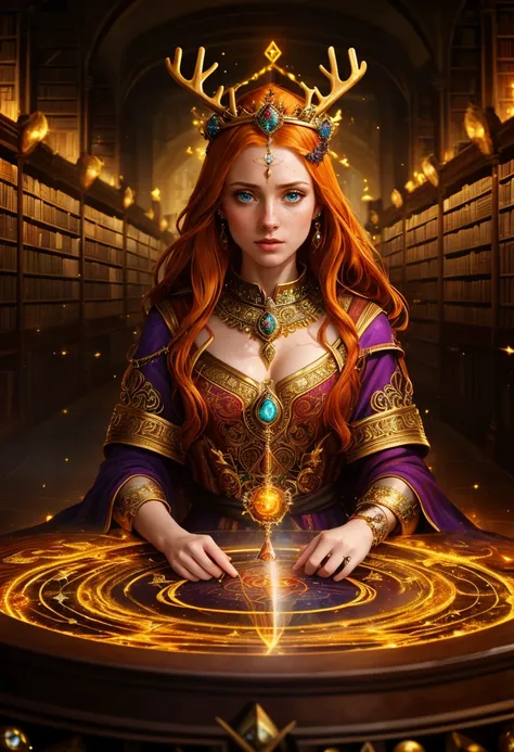 ((best quality)), ((masterpiece)), ((ultra realistic)), beautiful intricately detailed soft oil painting,upper-body portrait, (a stunningly gorgeous worried ginger sorceress standing in a glowing runic summoning circle:1.5), perfect medium breasts, (soft f...