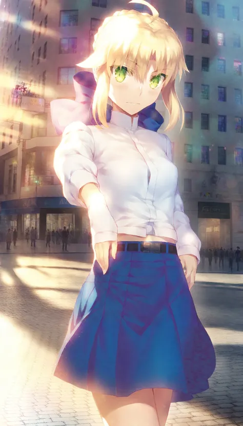 1girl, artoria pendragon (fate), fate/stay night, cowboy shot, blue skirt, white shirt, ahoge, sunlight, city, 
best quality, masterpiece,