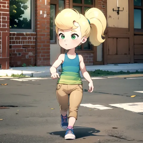 1girl, solo, blonde hair, cindy vortex, ponytail, green eyes, green tank top, brown pants, child, striped tank top, bangs,     <lora:Cindy_Vortex_Leaf6:0.8>, blue shoes, walking,