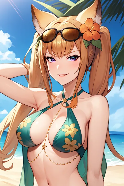 masterpiece, best quality, <lora:Meterav2:0.7>metera, eyewear on head, sunglasses, orange hair flower, green halterneck bikini, jewelry, pink flower, twintails, looking at viewer, open shirt, smirk, arm up, green shirt, beach, palm tree,