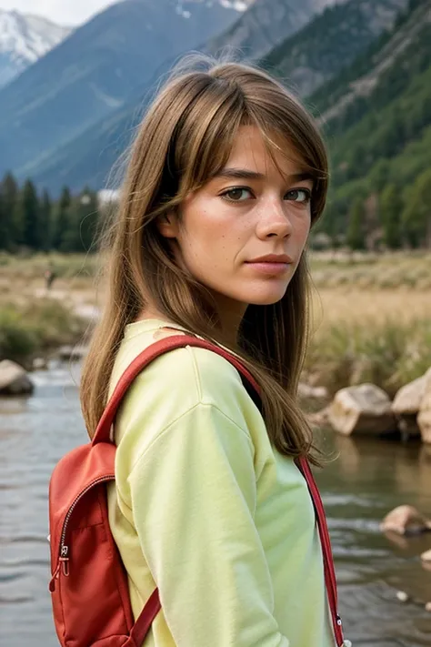 FrancoiseHardy, ((selfie)) photo, serious look, outdoors, mountains, wearing a backpack, sweater, hiking jacket, rocks, river, wood, analog style, (look at viewer:1.2), (skin texture), close up, cinematic light, sidelighting, Fujiflim XT3, DSLR, 50mm