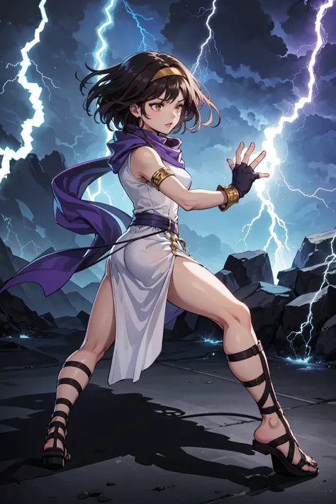 (electricity,magic,lightning:1.3),(forward hands,fighting stance:1.2), <lora:lindaV1:0.85>,hol_linda,child, white dress, gloves, scarf, fingerless gloves, side slit,  armlet,pelvic curtain, gladiator sandals, jewelry,sleeveless, toeless footwear, bracelet,...