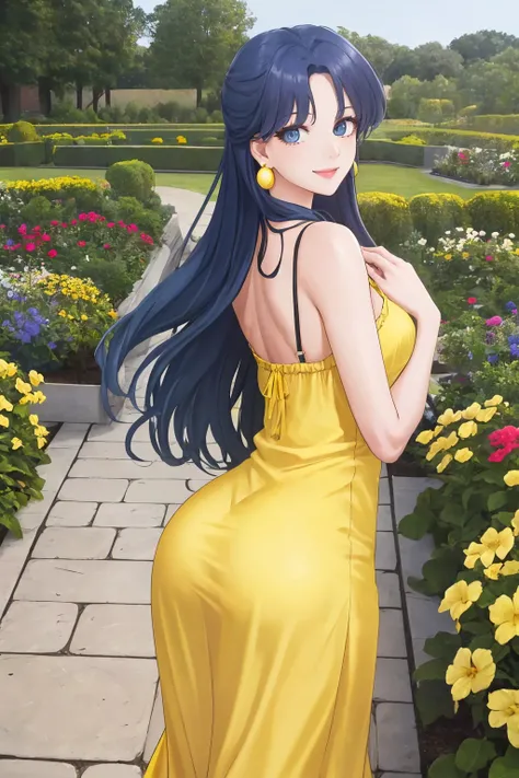 masterpiece, best quality, 1girl, solo, <lora:selphina-fe-richy-v1:1> selphina, blue eyes, earrings, (yellow sundress:1.4), garden, outdoors, from behind, looking at viewer, looking back, wide hips, smile