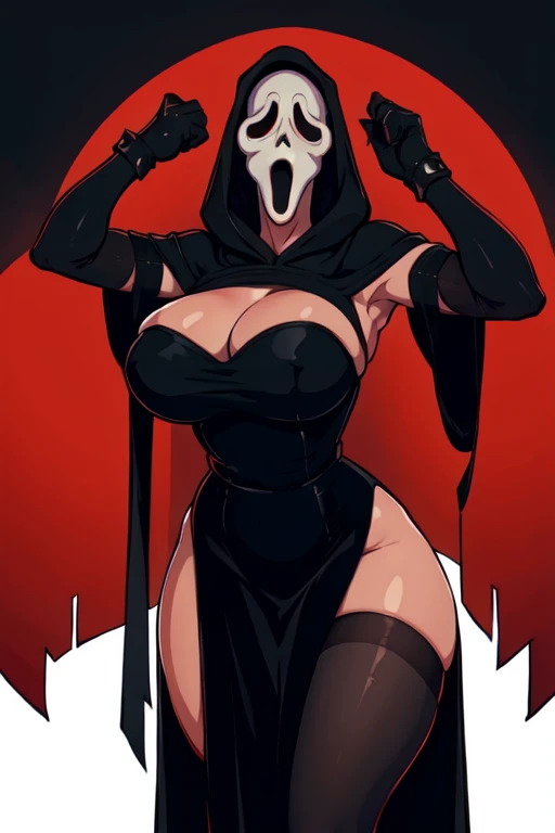 masterpiece,best quality,extreme detail,8k,<lora:ghostface:0.6>,ghostface, 1girl, solo, breasts, large breasts, simple background, gloves, dress, black gloves, hood, huge breasts, black dress, hands up, mask, red background, hood up, long dress