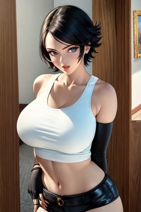 1girl, solo, looking at viewer, short hair, black hair,huge breasts, gloves, navel, black gloves, midriff, fingerless gloves, lips, crop top, tank top,(masterpiece:1.5),(best quality:1.2), <lora:zumi-v1-lokr:0.8>