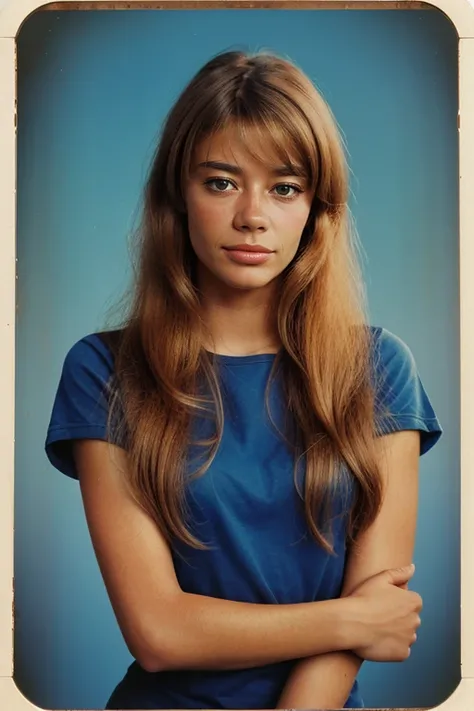 FrancoiseHardy, Century Camera Co. Studio, 160mm f/8, 1/10s, ISO 25, ((tintype, portrait, full color, bold color, gradient)), blouse, ((geometric halftone background))