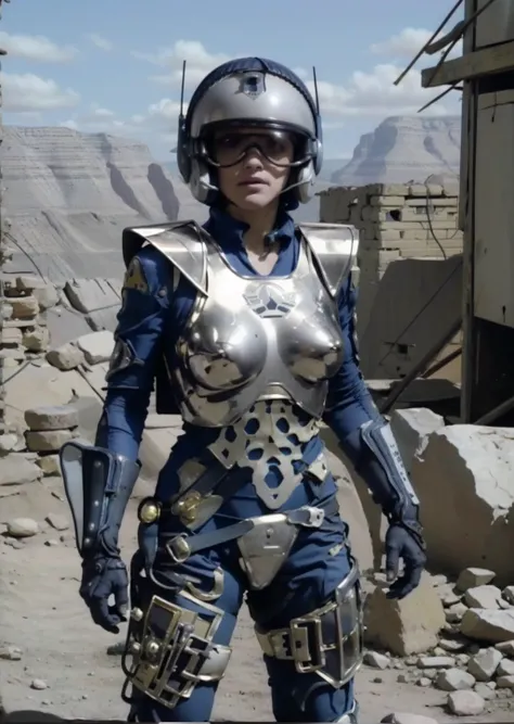 cptpower, pilot, gold armour, helmet, post apocalyptic scene,   <lora:Captain_Power_Style:1>