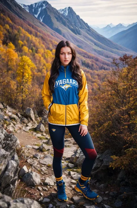 A stunning intricate full color picture of a beautiful woman, wearing a mountaineer gear on a mountain trail, portait, epic character composition,by ilya kuvshinov, alessio albi, nina masic,sharp focus, subsurface scattering, f2, 35mm, film grain, (beautif...