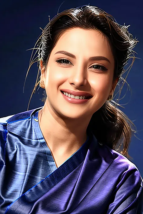 photo of nrgs, woman wearing  elegant Indigo sari and blouse,  dynamic pose, looking at camera, smiling, accurate anatomy, simple background <lora:nrgs_Nargis_Dutt_SD15_LoRA_prodigy_local_regs:1>