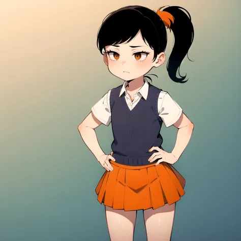 akiko yoshida, 1girl, black hair, solo, ponytail, sweater vest, school uniform, orange skirt,  shirt, short sleeves,    <lora:Akiko_Yoshida_Leaf1:0.6>, hands on hips,