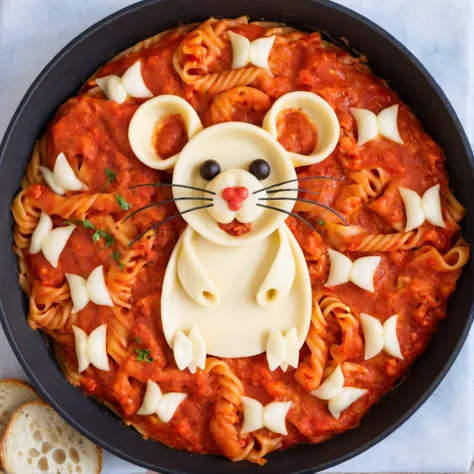 a rat made of farfalle pasta, marinara<lora:MMM_Pasta:0.8>